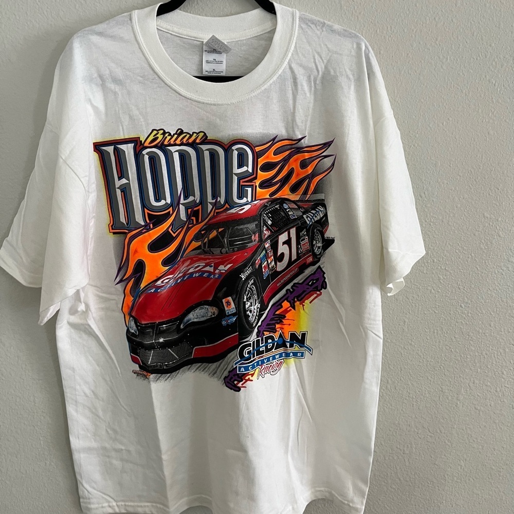 Vintage Y2K Nascar Brian Hoppe T Shirt Size XL Gildan Racing White Motor Sport